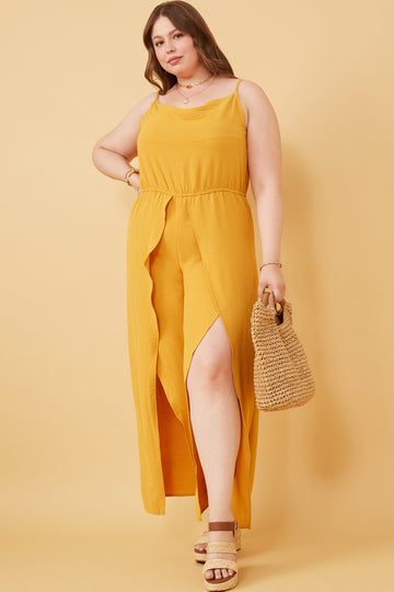 HK1080 Mustard Womens Textured Tulip Pant Cami Tank Jumpsuit Pose